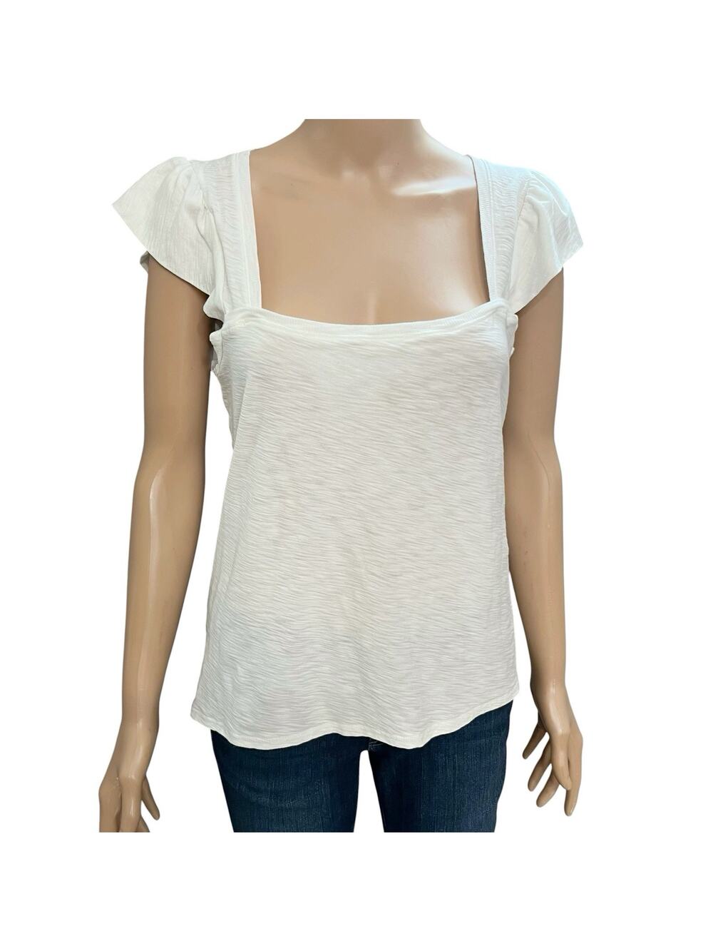 Nation Ltd Cameo Square Neck Tshirt Large White Slub Knit Flutter Cap Sleeve